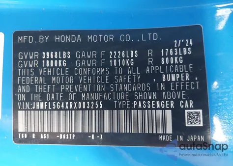 2024 Honda Civic Type R z USA, uszkodzony, nr VIN JHMFL5G4XRX003255